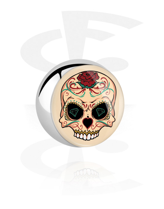 Golyók, tűk és egyebek, Ball for 1.6mm threaded pins (surgical steel, silver, shiny finish) val vel sugar skull "Dia de Los Muertos" design , Sebészeti acél, 316L