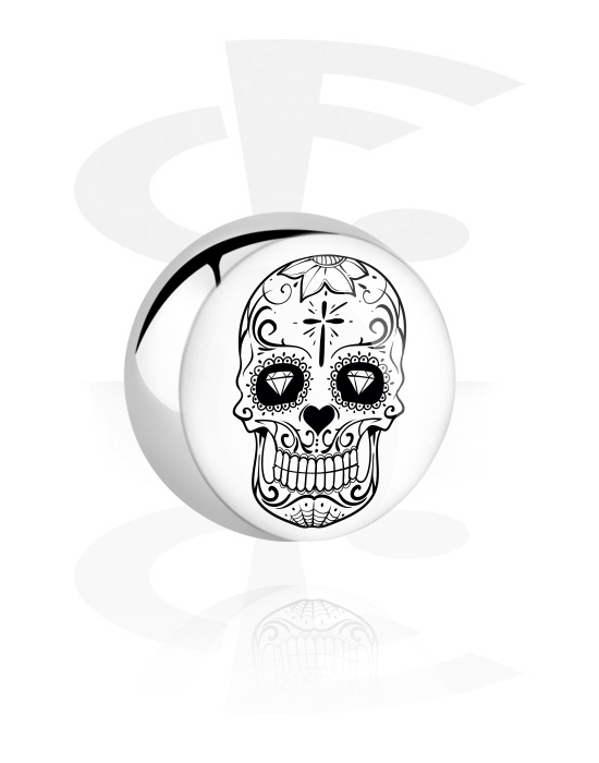 Kugler, stave m.m., Kugle til 1,6 mm stav med gevind (kirurgisk stål, sølv, blank finish) med sort-hvid sugar skull "Dia de Los Muertos"-motiv, Kirurgisk stål 316L