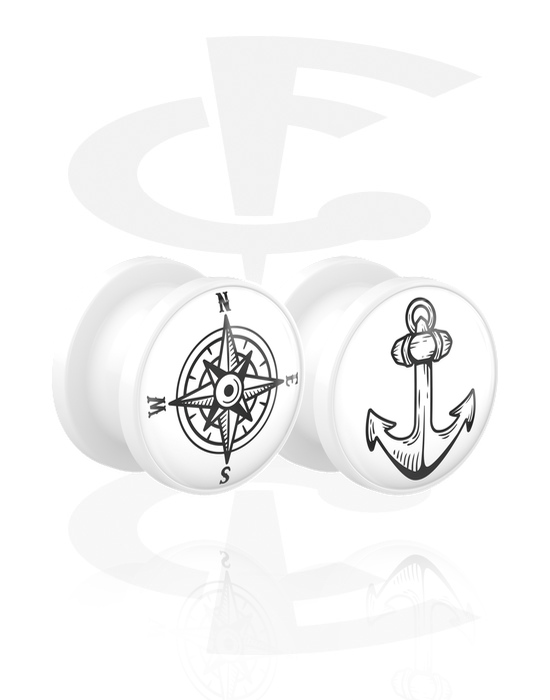 Alagutak és dugók, 1 pair screw-on tunnels (acrylic, white) val vel motif "anchor and compass", Akril