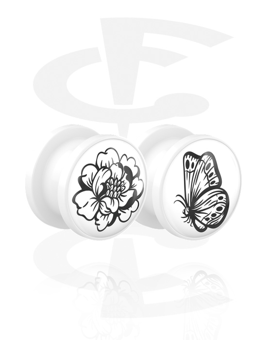 Alagutak és dugók, 1 pair screw-on tunnels (acrylic, white) val vel motif "flower and butterfly", Akril