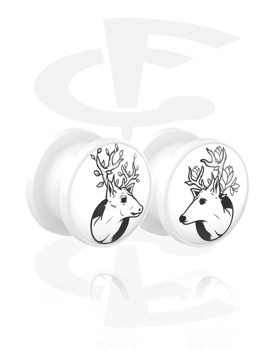 Alagutak és dugók, 1 pair screw-on tunnels (acrylic, white) val vel motif "deer", Akril