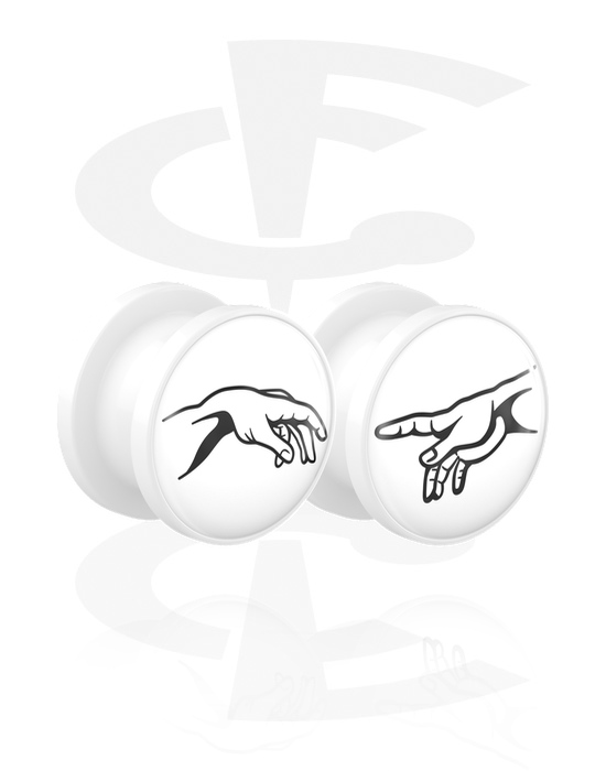 Tunnels & Plugs, 1 pair screw-on tunnels (acrylic, white) with motif "The Creation of Adam", Acrylic