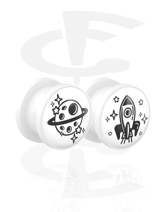 Tunnels & Plugs, 1 pair screw-on tunnels (acrylic, white) with motif "planet and rocket", Acrylic
