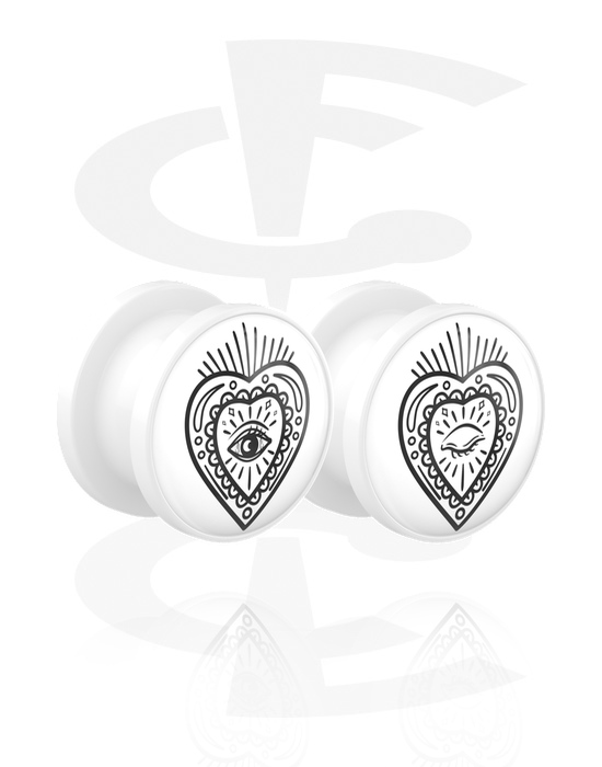 Alagutak és dugók, 1 pair screw-on tunnels (acrylic, white) val vel motif "heart", Akril