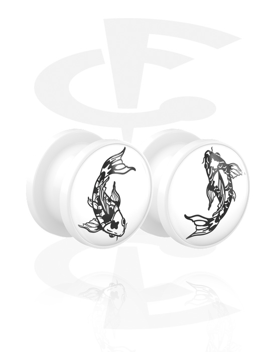 Tunnels & Plugs, 1 pair screw-on tunnels (acrylic, white) with koi design, Acrylic
