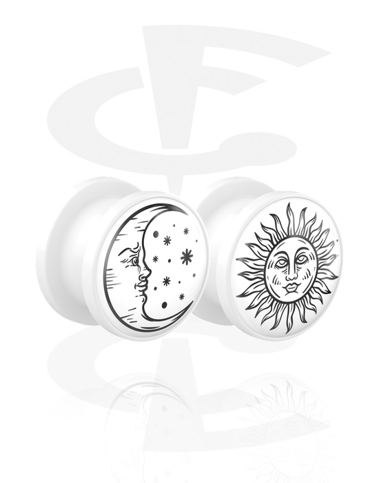 Túneles & plugs, 1 par de Túneles screw-on (acrílico, blanco) con diseño "Sol y Luna", Acrílico