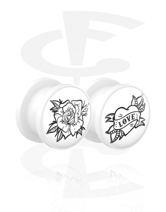 Tunnels & Plugs, 1 pair screw-on tunnels (acrylic, white) with motif "rose and heart with LOVE lettering", Acrylic