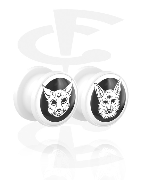 Tunnels & Plugs, 1 pair screw-on tunnels (acrylic, white) with motif "cat and fox", Acrylic