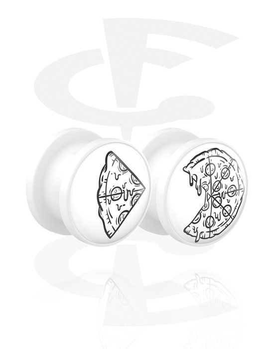 Tunnels & Plugs, 1 pair screw-on tunnels (acrylic, white) with pizza motif, Acrylic
