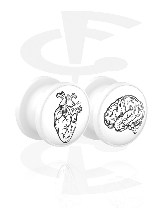 Tunnel & Plug, Un paio di tunnel con filettatura (acrilico, bianco) con design "cuore e cervello", Acrilico