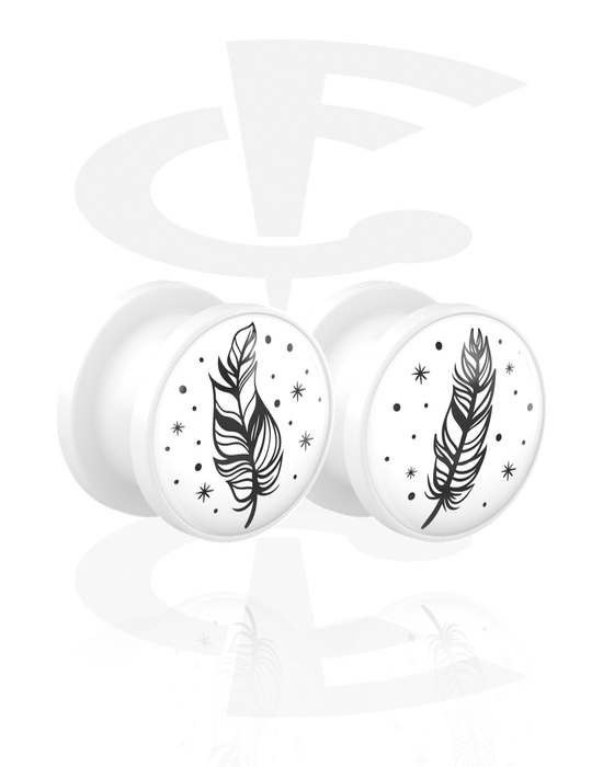 Tunnels & Plugs, 1 pair screw-on tunnels (acrylic, white) with motif "feather", Acrylic