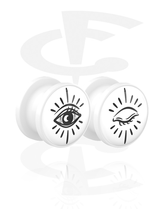 Túneis & Plugs, 1 par de túneis com rosca (acrílico, branco) com motivo "olhos", Acrílico