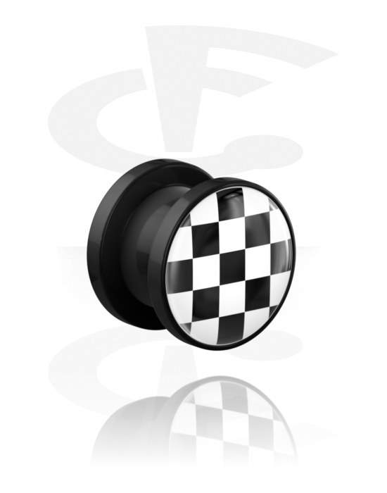 Tunnlar & Pluggar, Screw-on tunnel (acrylic,black) med checkered pattern, Akryl