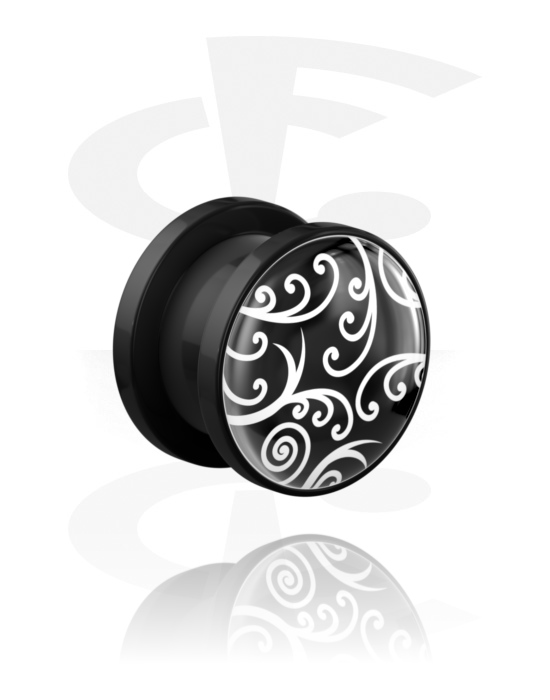 Tunnels & Plugs, Screw-on tunnel (acrylic, black) with black and white design, Acrylic