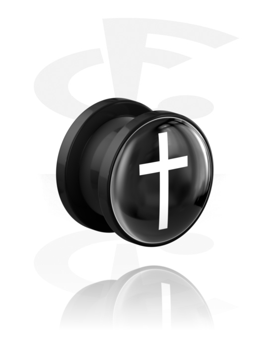 Tunnels & Plugs, Screw-on tunnel (acrylic, black) with cross design, Acrylic