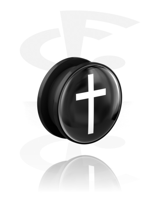 Tunnel & Plug, Tunnel con filettatura (acrilico, nero) con simbolo della croce, Acrilico