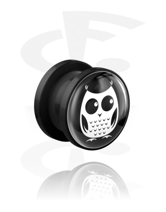 Tunnels & Plugs, Screw-on tunnel (acrylic, black) with owl design, Acrylic