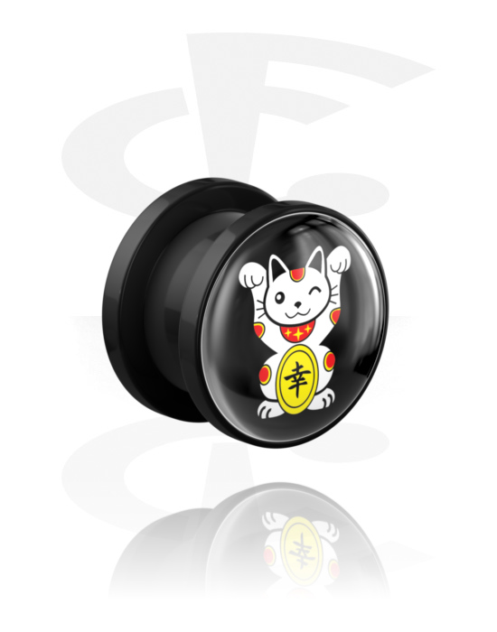 Túneles & plugs, Túnel Screw-on (acrílico, negro) con diseño "gato de la suerte", Acrílico