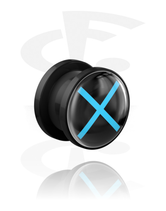 Tunneler & plugger, Skrutunnel (akryl, svart) med "X"-symbol, Akryl