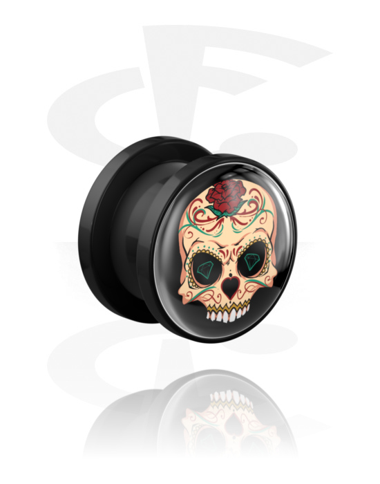 Tunnlar & Pluggar, Screw-on tunnel (acrylic,black) med colourful sugar skull "Dia de Los Muertos" design , Akryl