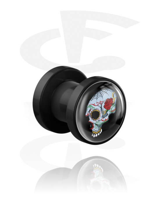 Tunnels & Plugs, Black Tunnel with skull design, Acrylic