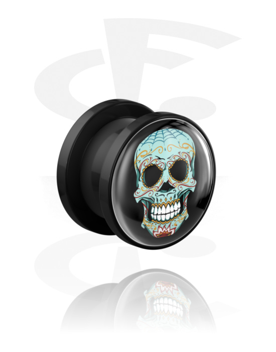 Alagutak és dugók, Screw-on tunnel (acrylic,black) val vel sugar skull "Dia de Los Muertos" design , Akril