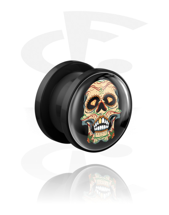 Tunnels & Plugs, Screw-on tunnel (acrylic, black) with colorful sugar skull "Dia de Los Muertos" design , Acrylic