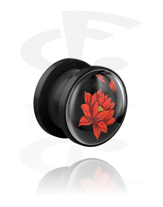 Tunnels & Plugs, Screw-on tunnel (acrylic, black) with lotus flower design, Acrylic
