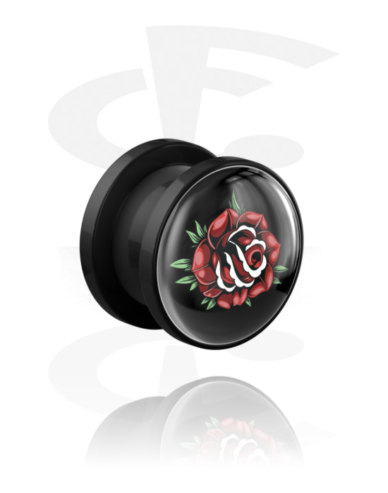 Tunnels & Plugs, Screw-on tunnel (acrylic, black) with rose design, Acrylic