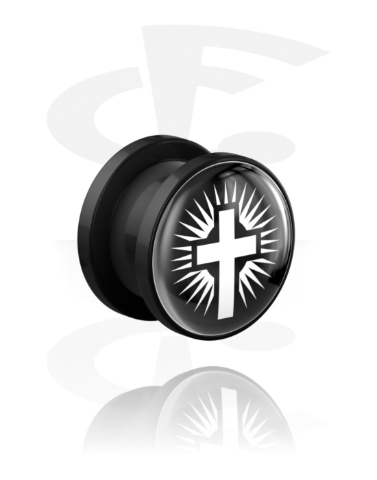 Tunnels & Plugs, Tunnel à filetage (acrylique, noir) avec motif croix, Acrylique