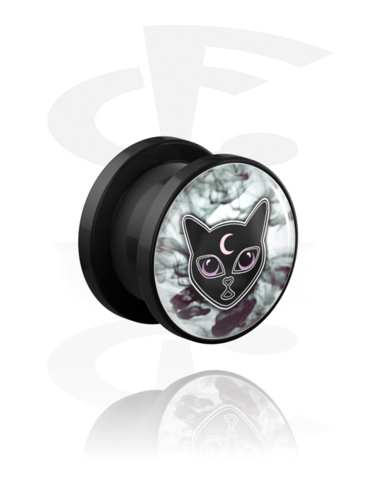 Tunnel & Plug, Tunnel con filettatura (acrilico, nero) con design gatto, Acrilico