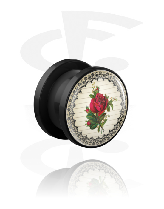 Tunnels & Plugs, Screw-on tunnel (acrylic, black) with rose design, Acrylic