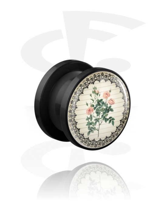 Tunnels & Plugs, Screw-on tunnel (acrylic, black) with vintage flower design, Acrylic