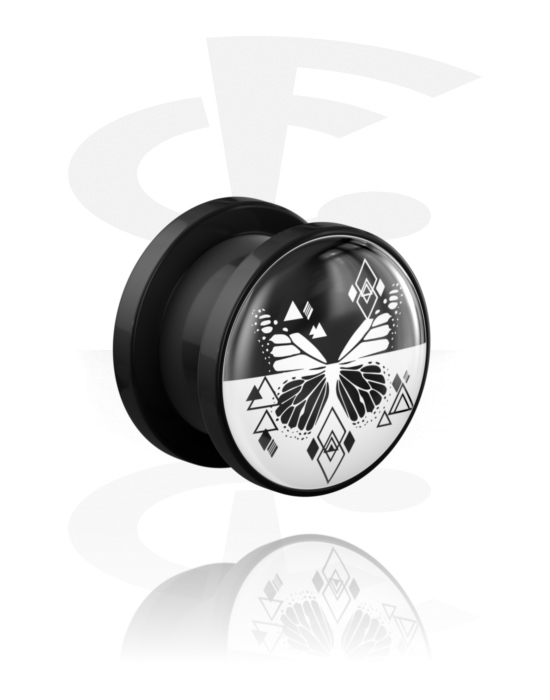 Tunnels & Plugs, Screw-on tunnel (acrylic, black) with geometric design with butterfly, Acrylic