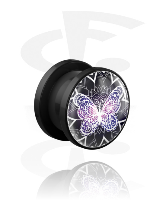 Tunnels & Plugs, Screw-on tunnel (acrylic, black) with butterfly design, Acrylic