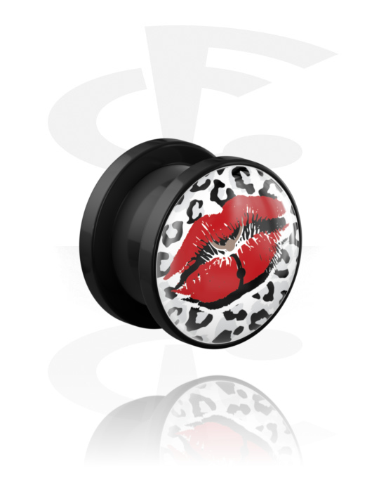 Tunnel & Plug, Tunnel con filettatura (acrilico, nero) con design labbra rosse, Acrilico