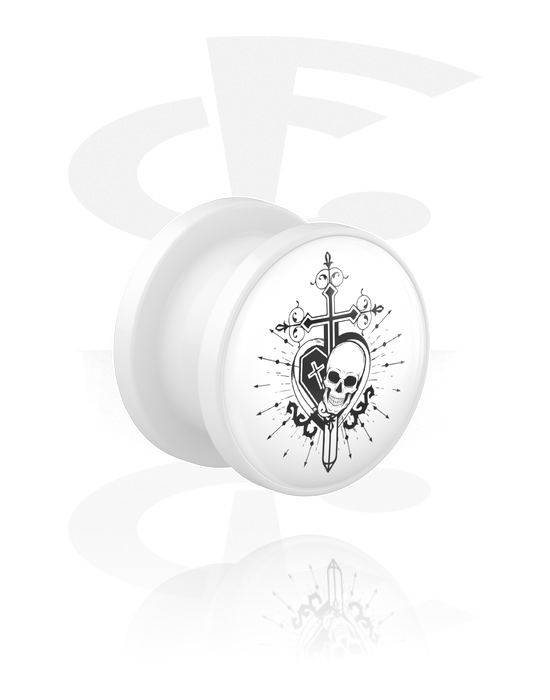 Tunnels & Plugs, Screw-on tunnel (acrylic, white) with motif "heart and skull", Acrylic