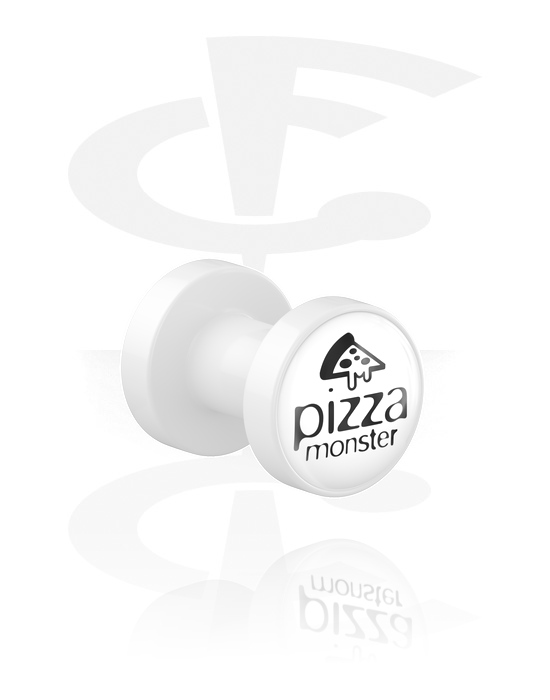 Tunnels & Plugs, Screw-on tunnel (acrylic, white) with pizza motif and "pizza monster" lettering, Acrylic