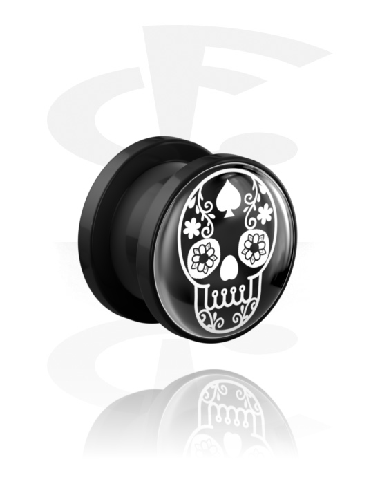 Túneles & plugs, Túnel Screw-on (acrílico, negro) con diseño calavera en blanco y negro "Día de Los Muertos, Acrílico