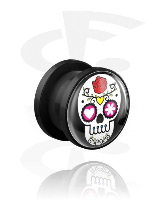 Tunnels & Plugs, Screw-on tunnel (acrylic, black) with colorful sugar skull "Dia de Los Muertos" design , Acrylic