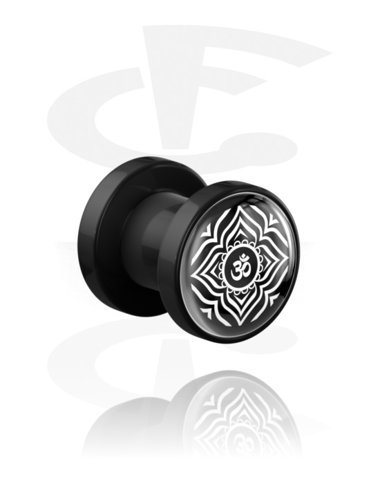 Tunnels & Plugs, Double flared plug (acryl, zwart) met ‘Om’-symbool, Acryl