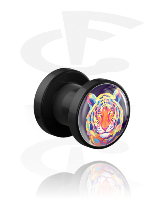 Tunnels & Plugs, Screw-on tunnel (acrylic, black) with lion design, Acrylic