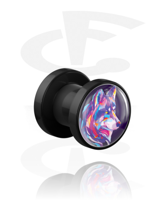 Tunnels & Plugs, Screw-on tunnel (acrylic, black) with wolf design, Acrylic