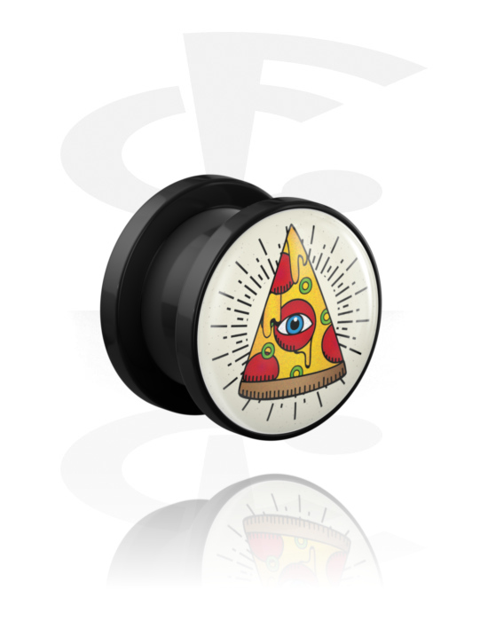 Tunnels & Plugs, Screw-on tunnel (acrylic, black) with pizza motif, Acrylic