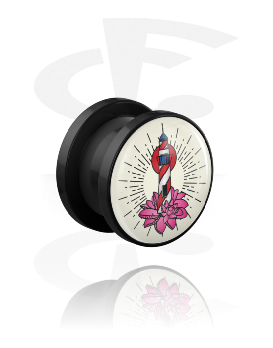 Tunnels & Plugs, Screw-on tunnel (acrylic, black) with motif "lighthouse", Acrylic