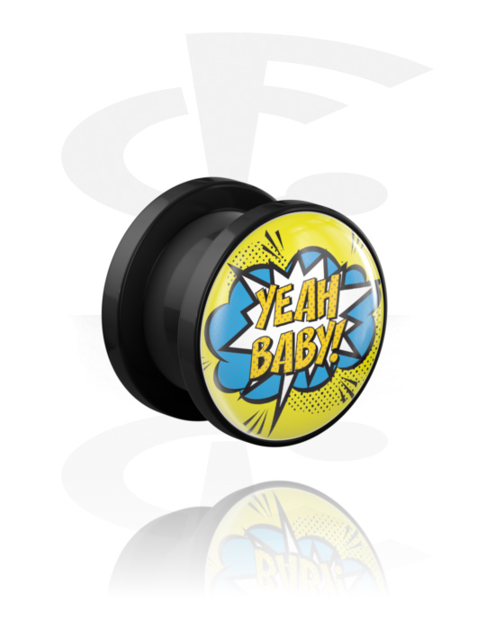 Tunnels & Plugs, Screw-on tunnel (acrylic, black) with "Yeah baby" lettering, Acrylic