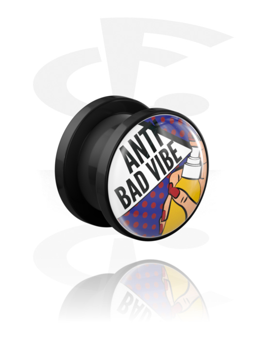 Tunnels & Plugs, Screw-on tunnel (acrylic, black) with "Anti bad vibe" lettering, Acrylic