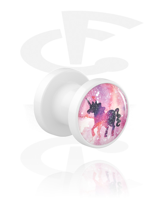 Tunnels & Plugs, Screw-on tunnel (acrylic, white) with unicorn design and glitter, Acrylic