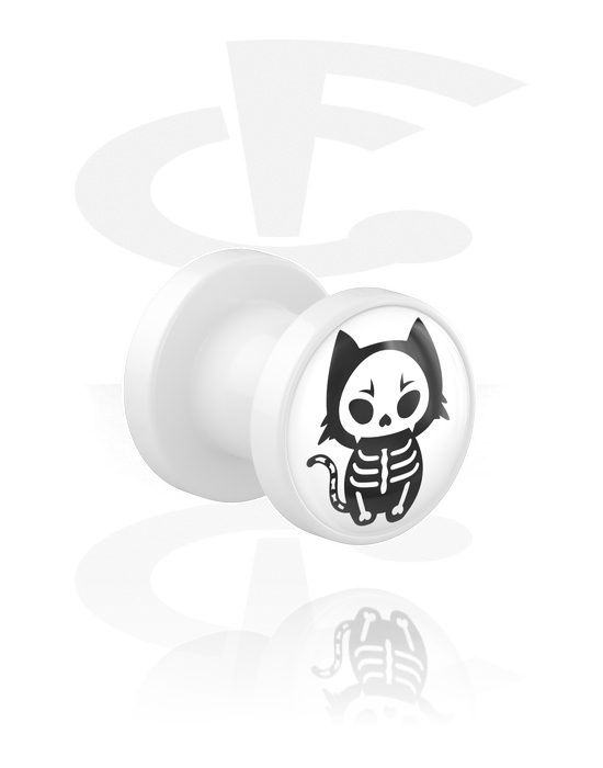 Tunnlar & Pluggar, Screw-on tunnel (acrylic, white) med motif "cute skeleton cat", Akryl