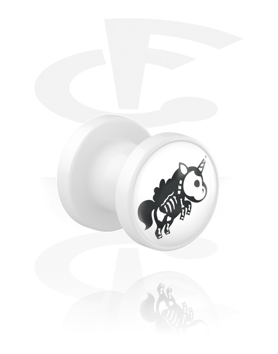 Tunnel & Plug, Tunnel con filettatura (acrilico, bianco) con design ""unicorno scheletro"", Acrilico
